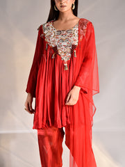 Red Wrinkle Crepe Embroidered Top and Pant Set