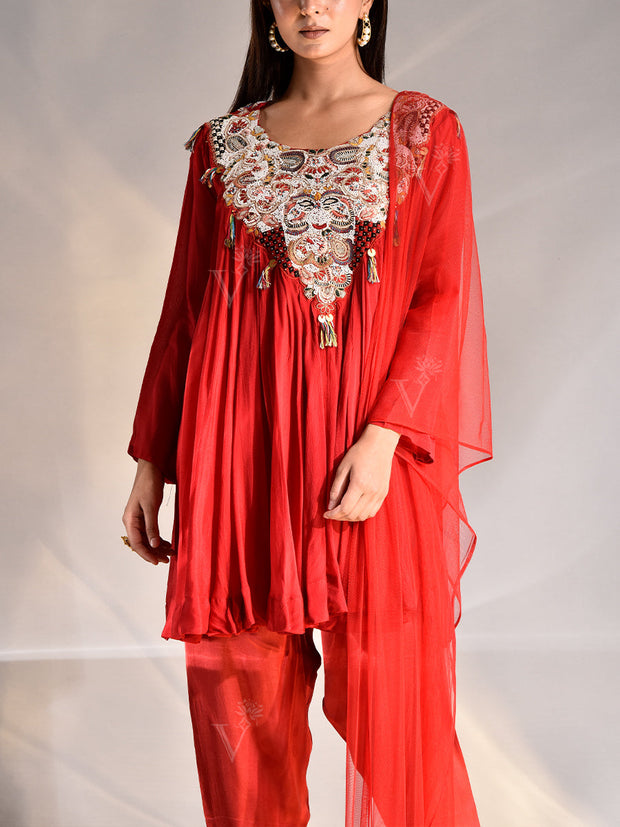 Red Wrinkle Crepe Embroidered Top and Pant Set