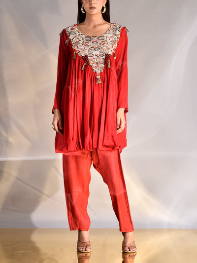 _label_New, DD35, MTO, RK,  Red ,Wrinkle Crepe ,Embroidered ,Top and Pant Set , pant set