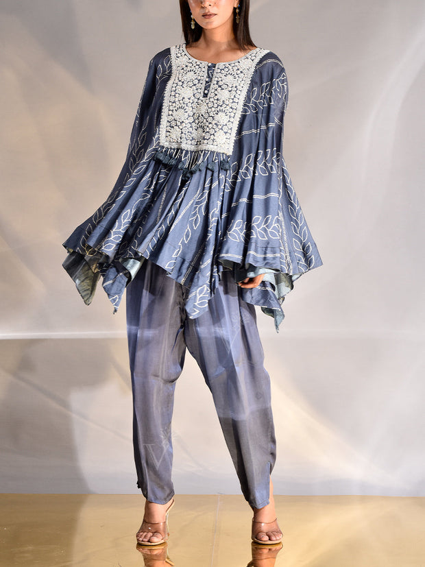 Steel Blue Silk Asymmetric Cape and Pant Set