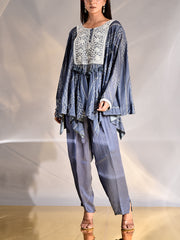 Steel Blue Silk Asymmetric Cape and Pant Set