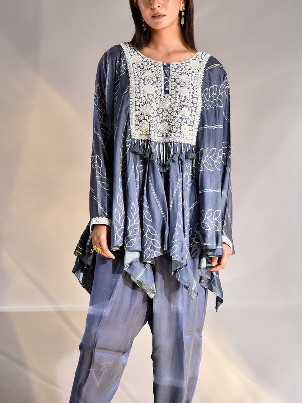 Steel Blue Silk Asymmetric Cape and Pant Set