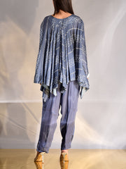 Steel Blue Silk Asymmetric Cape and Pant Set