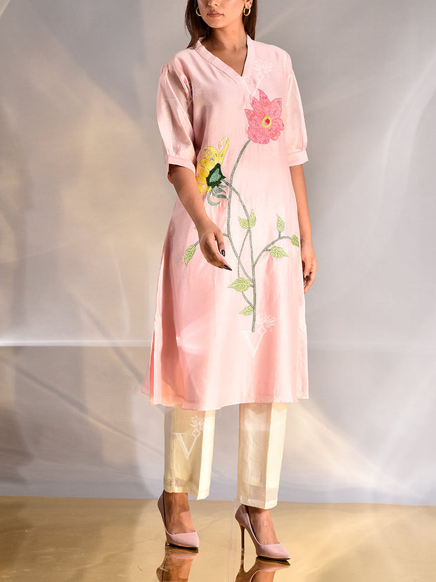 Pink Chanderi Embroidered Kurta