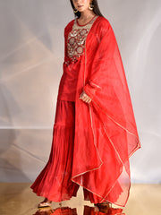 Red Silk Zardozi Kurta and Sharara Set