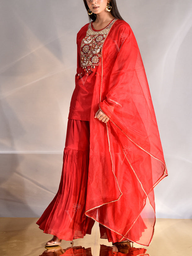 Red Silk Zardozi Kurta and Sharara Set