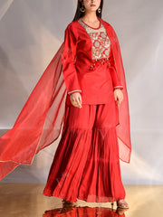 Red Silk Zardozi Kurta and Sharara Set