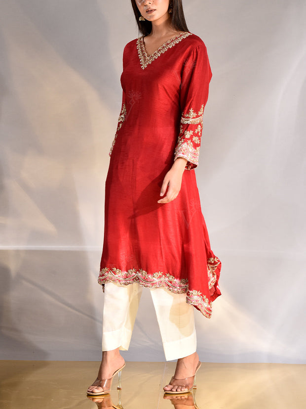 Red Zardozi Silk Kurta and Pant Set