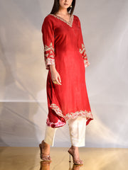 Red Zardozi Silk Kurta and Pant Set