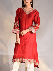 Red Zardozi Silk Kurta and Pant Set