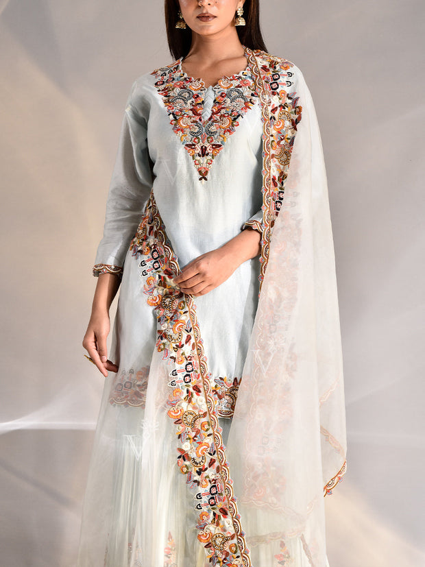 Aqua Blue Zardozi Chanderi Kurta and Sharara Set