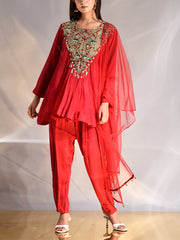 Red Wrinkle Crepe Embroidered Suit Set