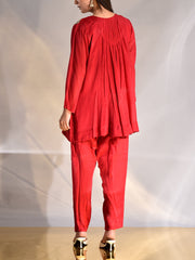 Red Wrinkle Crepe Embroidered Top and Pant Set