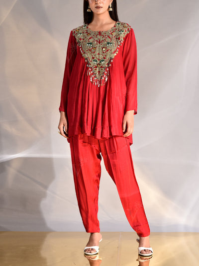 _label_New, DD35, MTO, RK,  Red ,Wrinkle Crepe, Embroidered ,Top and Pant Set , pant set