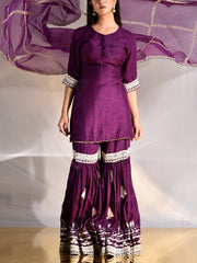 Purple Silk Embroidered Kurta and Sharara Set