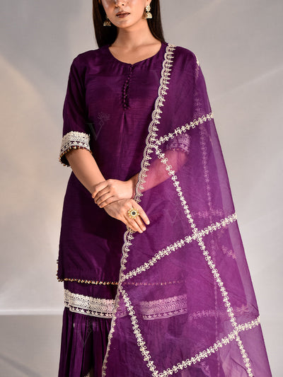 Purple Silk Embroidered Kurta and Sharara Set