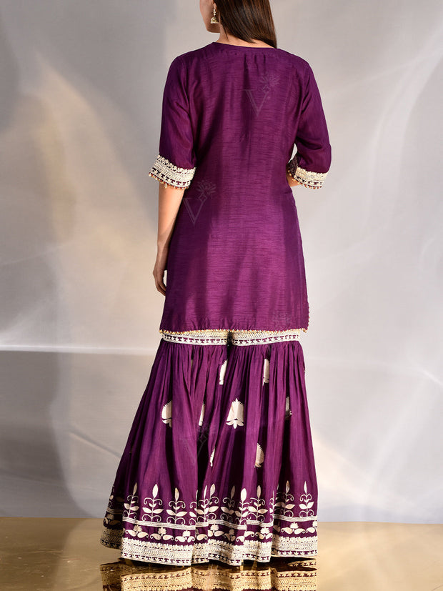 Purple Silk Embroidered Kurta and Sharara Set