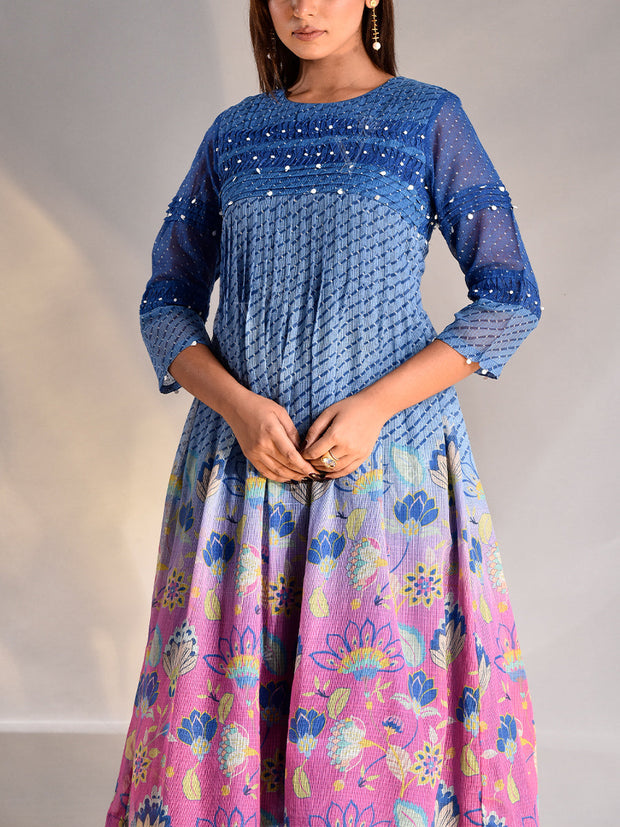 BLUE AND PURPLE KOTA DORIA A-LINE KURTA SET