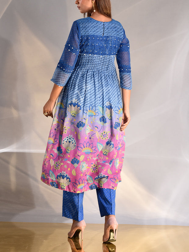 BLUE AND PURPLE KOTA DORIA A-LINE KURTA SET