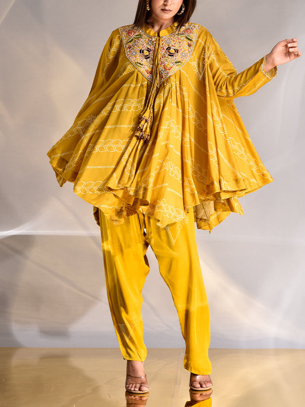 Mustard Silk Asymmetric Cape and Pant Set