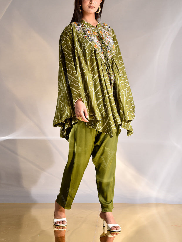 Green Silk Asymmetric Cape and Pant Set