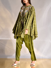 Green Silk Asymmetric Cape and Pant Set