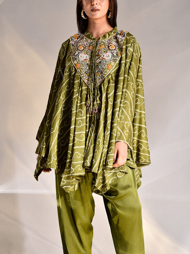 Green Silk Asymmetric Cape and Pant Set