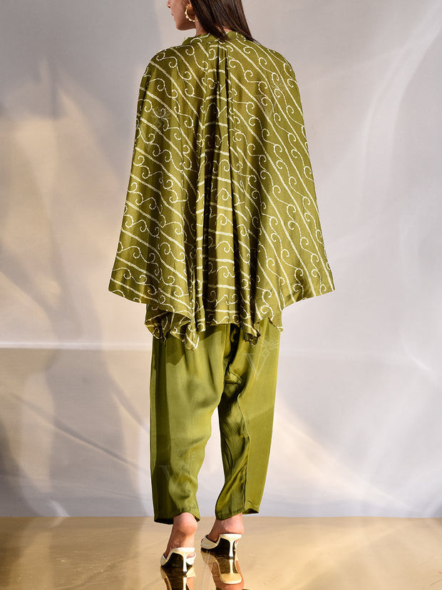 Green Silk Asymmetric Cape and Pant Set