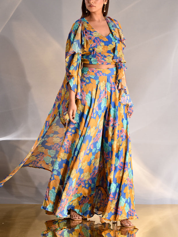 Multi Color Wrinkle Crepe Printed Jacket and Palazzo Set