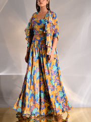 Multi Color Wrinkle Crepe Printed Jacket and Palazzo Set