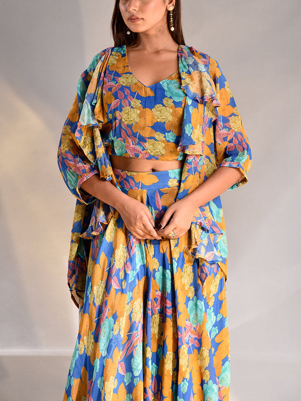 Multi Color Wrinkle Crepe Printed Jacket and Palazzo Set