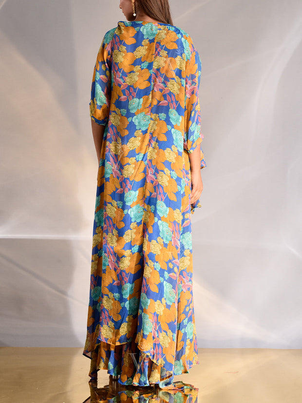 Multi Color Wrinkle Crepe Printed Jacket and Palazzo Set