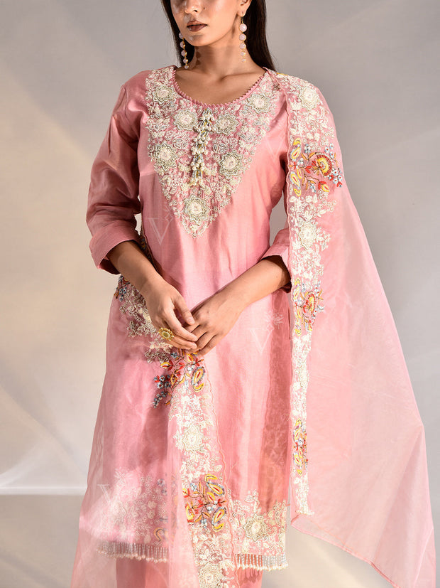 Pink Embroidered Chanderi Suit Set