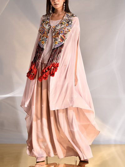 Old Rose Crepe Embroidered Cape and Palazzo Set