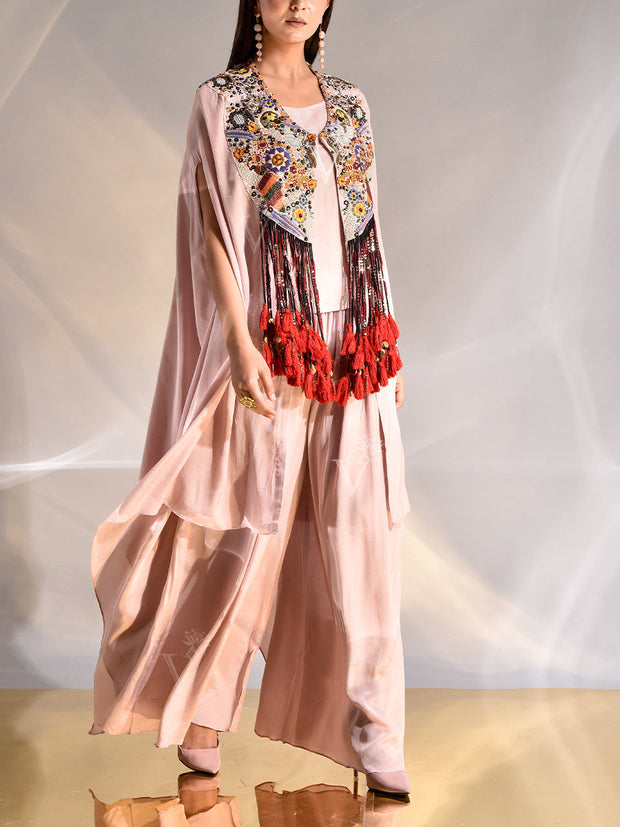 Old Rose Crepe Embroidered Cape and Palazzo Set