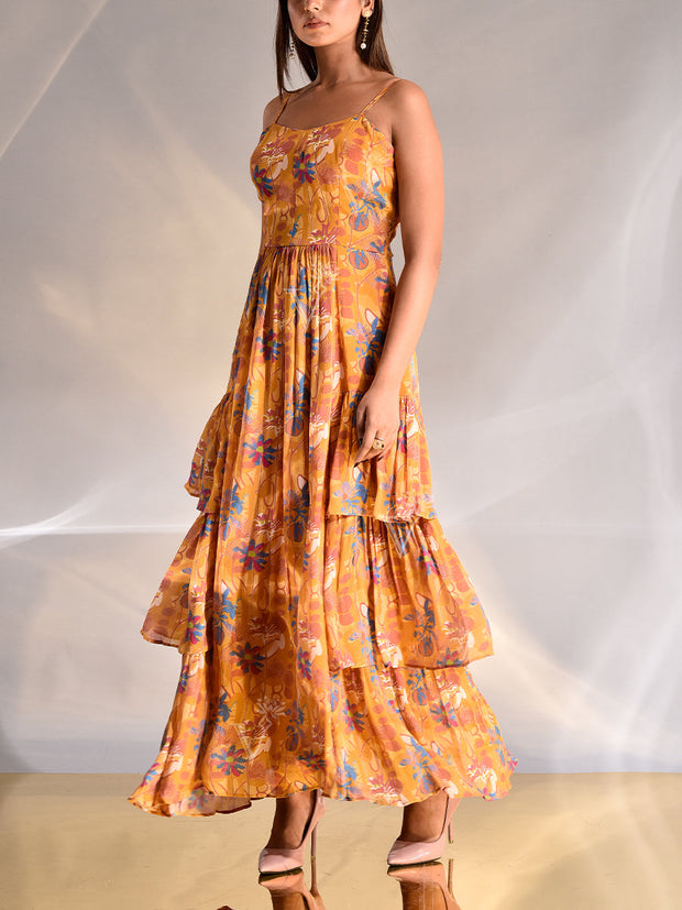 Mustard Wrinkle Crepe Floral Printed Tiered Dress