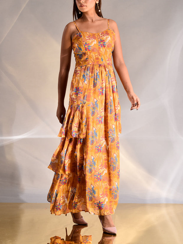 Mustard Wrinkle Crepe Floral Printed Tiered Dress