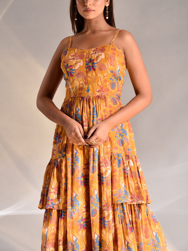 Mustard Wrinkle Crepe Floral Printed Tiered Dress