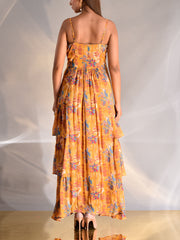 Mustard Wrinkle Crepe Floral Printed Tiered Dress