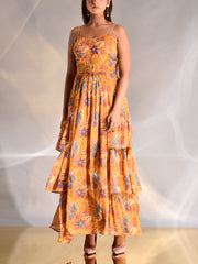 _label_New, DD35, MTO, KS, Mustard ,Wrinkle Crepe ,Floral Printed ,Dress