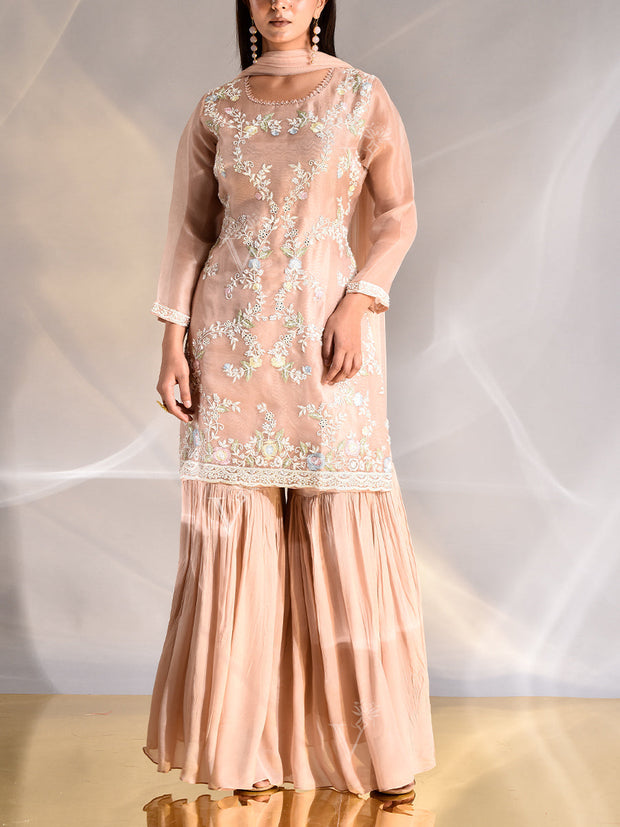 Peach Organza Embroidered Kurta and Sharara Set