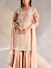 Peach Organza Embroidered Kurta and Sharara Set