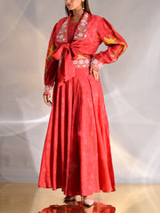 Red Vasansi Silk Jacket with bustier and Palazzo Set