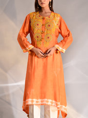 Orange Silk Embroidered kurta and Pant Set