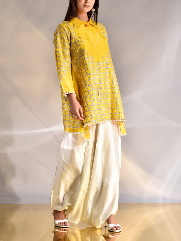 Yellow Silk Top and Harem Pants Set