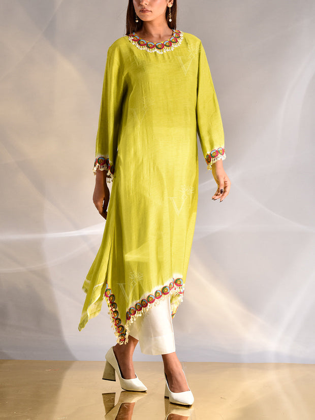 Green Silk Asymmetric Kurta and Pant Set