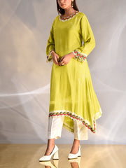 Green Silk Asymmetric Kurta and Pant Set