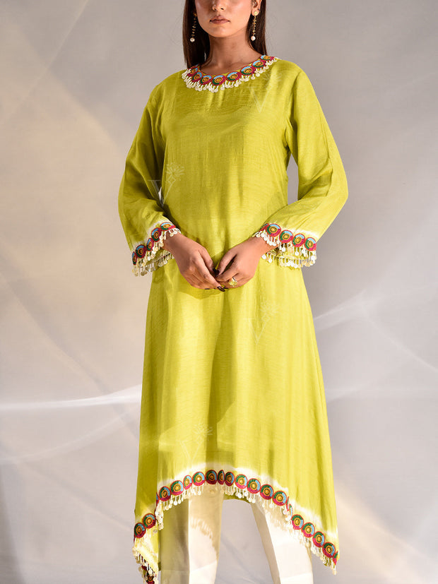 Green Silk Asymmetric Kurta and Pant Set