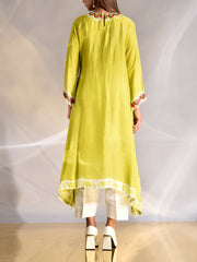 Green Silk Asymmetric Kurta and Pant Set