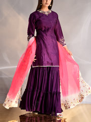 Violet Silk Embroidered Kurta and Sharara Set